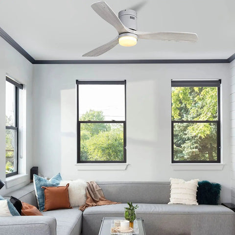 Super Quiet 52 Inch Ceiling Fan With Lights And Remote in modern living room, wood design with three walnut blades, flush mount.