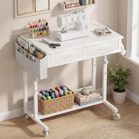 Rolling Mobile Desk With Drawers And Storage Adjustable Height Standing Workstation On Wheels For Small Spaces Space Saver Compact End Table For Teaching Studying Sewing And Crafting in use with sewing supplies.