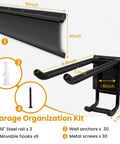48 Inch Heavy Duty Wall Mounted Tool Organizer Rack With Three Rails And Six Adjustable Double Hooks for garage storage