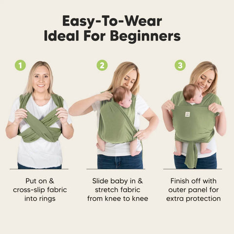 Woman demonstrating D Lite Baby Wrap Carrier Ring Sling For Newborn To Toddler with easy adjust ergonomic comfort for hands-free bonding.