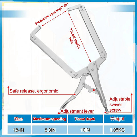 18 Inch C Clamp Locking Pliers For Heavy Duty Welding Table Clamps With Adjustable Pressure And Locking Design Deep Throat Large Eight Point Three Inch Opening Ideal For Securing Irregular Workpieces Four Piece Set, 18-in, steel