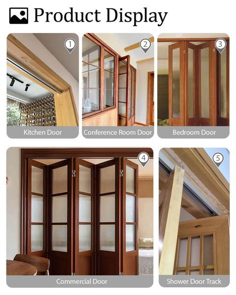 Concealed sliding door track kit installed in various doors including conference, kitchen, and shower doors for smooth operation.