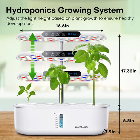 Dope Indoor Hydroponics Growing System With 12 Pods, LED Grow Light, LCD display, adjustable height, showing plant growth stages