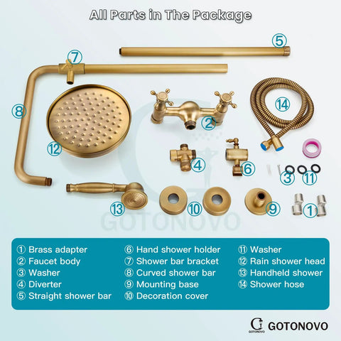 Parts of Brass Wall Mount Shower Faucet Set With 8 Inch Rain Shower Head Dual Cross Handles Handheld Spray Two Function Diverter