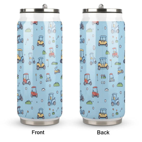 Boss Level 304 Stainless Steel Insulated Tumbler With Secure Straw Lid And Leak Proof Screw Cap, Golf Cart Ready travel mug showcasing colorful golf cart design, front and back views.