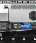 Go To Pocket Size Tactical Flashlight with 8000 Lumens XHP50.2 LED, showing USB charging and battery capacity 5000mAh