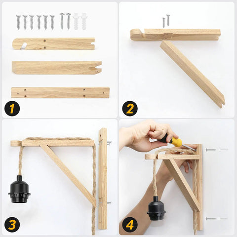 Step-by-step assembly of Plug In Wall Sconces 2 Pack Farmhouse Wood And Metal Wire Cage Lamps with cord and switch.