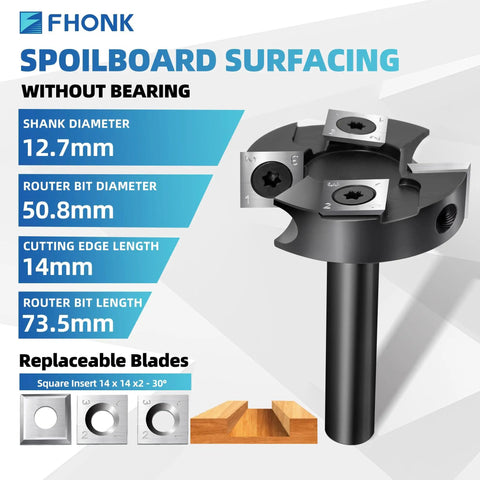 CNC Spoilboard Surfacing Router Bit With One Half Inch Shank And Two Inch Cutting Diameter, Balanced Two Plus Two Carbide Inserts For Slab Flattening And Planing, Industrial Grade Woodworking Tool with replaceable blades