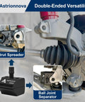 Astrionnova dual-end strut spreader tool installed on vehicle suspension; black metal with ball joint separator.