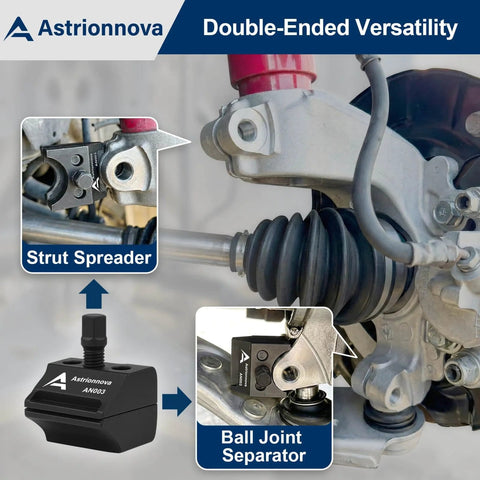 Astrionnova dual-end strut spreader tool installed on vehicle suspension; black metal with ball joint separator.