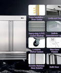 Heavy Duty 47 Cubic Foot Commercial Upright Freezer Double Door Stainless Steel Reach In Unit for Restaurants Bars and Shops with features.