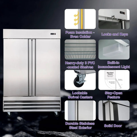 Heavy Duty 47 Cubic Foot Commercial Upright Freezer Double Door Stainless Steel Reach In Unit for Restaurants Bars and Shops with features.