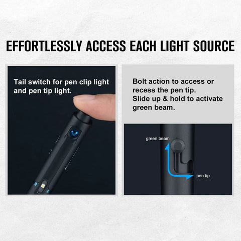 4 In 1 Pen Light And Writing Tool, 120 Lumen USB C Rechargeable EDC Pen with green beam activation and tail switch in sleek black.