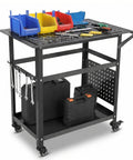 36X24 Inch Heavy Duty Steel Welding Table Workbench With Rolling Casters 600 Lbs Capacity Portable Shop Beast featuring tools and storage bins.