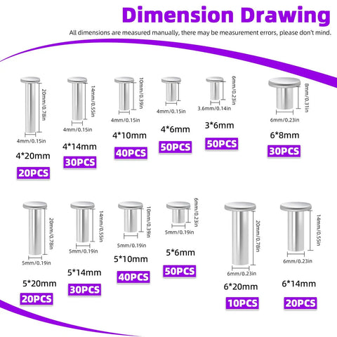 Dimensions of rivets from 390 Pcs Aluminum Flat Head Semi Tubular Rivet Kit in 12 Sizes M3 M4 M5 M6 Silver Tone Round Rivets
