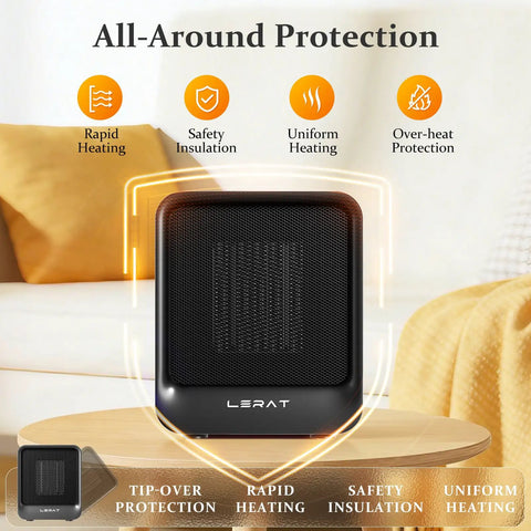 Compact 1200W PTC Ceramic Space Heater For Indoor Use Crazy Fast Heat Desk Warmer displayed on a table with safety features.