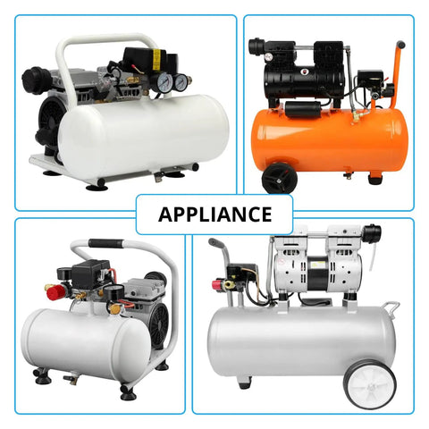Various types of air compressors with different designs and features for home garage and shop use.