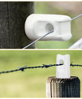 Ceramic electric fence insulator mounted on a wooden post; white porcelain body with a center hole for wire.
Installed view: white ceramic fence insulator on a wooden post with wire threaded through.