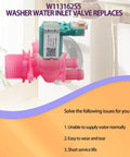 Washer Water Inlet Valve Replacement 120V 60Hz Solenoid For Whirlpool Amana Maytag Front Load Washers No Brainer Install Durable Part You Can Trust Direct Replacement Valve With Easy Fit For Quick DIY Fixes And Long Lasting Performance. Pink plastic valve with 120V 60Hz solenoid for front-load washer water inlet