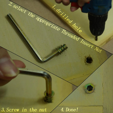Durable Zinc Alloy Threaded Wood Inserts Kit 150 Pieces Hex Socket Flanged Nuts M4 M5 M6 M8 M10 installation steps in softwood