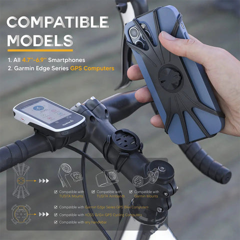Cyclist holding phone over bike handlebars with 2 In 1 Bike Mount With Quick Release And Quarter Turn, Universal Phone Holder Fits 4.7 To 6.9 Inch Phones And Garmin Edge GPS, Easy Stem Mount For iPhone 14 13 12 Pro Max And Galaxy Note 20 S21 Ultra, Essential Cycling Accessory