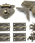 Antique Engraved Latch Hasp Hinges And Box Corner Protectors Hardware Kit for Jewelry Box Decoration and Repair, vintage bronze finish.