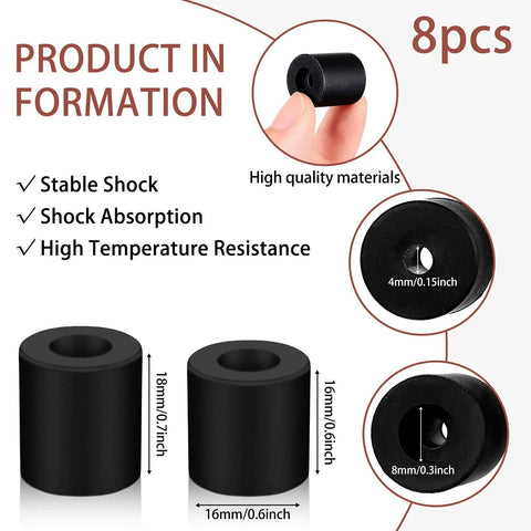 8 Pack Silicone Heatbed Leveling Parts For 3D Printers showing black parts with dimensions, stable shock absorption features.