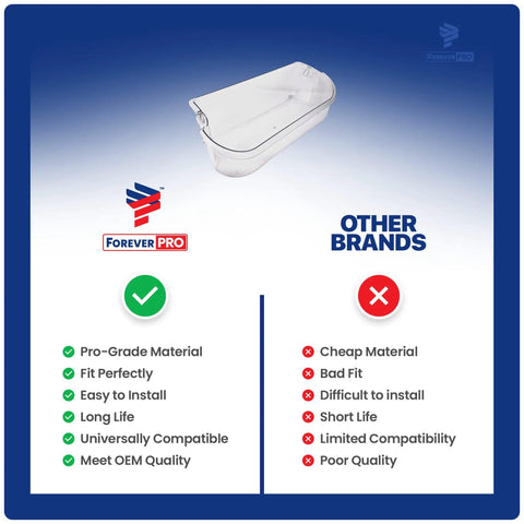 Comparison of Premium Bin Door Replacement for Frigidaire Refrigerators with other brands, highlighting pro-grade material and easy install.