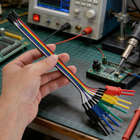 Micro SMD Grabber Clips for Logic Analyzer and Oscilloscope Probes in hand, connected to motherboard in testing setup