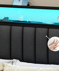 Queen Size Bed Frame With Smart RGB LED Lights And Remote App Control Featuring Over 60000 Custom Colors Quick Charge Hub close-up of upholstered backrest with LED strip