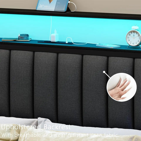 Queen Size Bed Frame With Smart RGB LED Lights And Remote App Control Featuring Over 60000 Custom Colors Quick Charge Hub close-up of upholstered backrest with LED strip