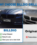 Comparison of glossy black front kidney grille with double slats on a BMW next to a featureless original grille