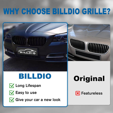 Comparison of glossy black front kidney grille with double slats on a BMW next to a featureless original grille