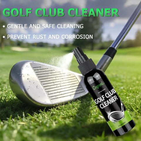 Dope All In One Golf Club Cleaning Kit With Pro Grade Cleaner Polish Brush And Grip Cleaner 7 Piece Set In Handy Hard Case Gift Box Great For On The Range Or At Home And Keeps Grips Fresh And Clubs Shiny. golf club cleaner spray bottle on iron club at the range