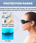 Pro Grade LED Red And Blue Light Therapy Glasses Featuring Heavy Duty Side Shields And Broad 200nm To 2000nm Coverage For IPL Treatments and UV400 Salon Protection on a model.
