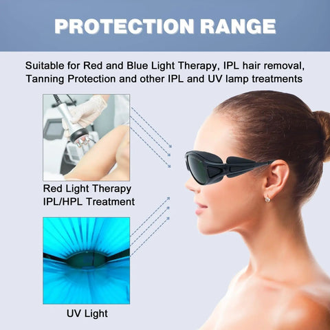 Pro Grade LED Red And Blue Light Therapy Glasses Featuring Heavy Duty Side Shields And Broad 200nm To 2000nm Coverage For IPL Treatments and UV400 Salon Protection on a model.