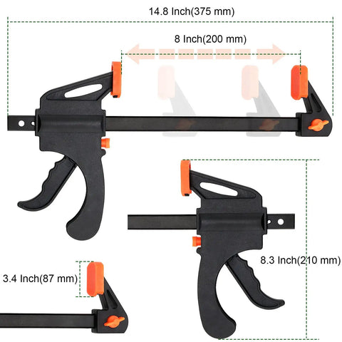 Eight Inch Quick Grip Clamps Four Pack Adjustable Wood Clamps for Woodworking Bar Clamps for Furniture Assembly shown in dimensions