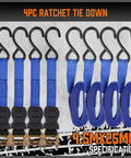 Heavy Duty Ratchet Tie Down Straps 4 Pack 15 Foot Long Truck Bed Cargo Hauler Rig For Bikes And Trailers 2200 Pound with blue webbing and hooks.