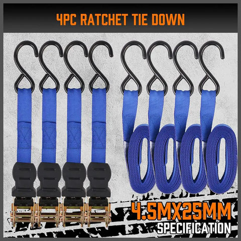 Heavy Duty Ratchet Tie Down Straps 4 Pack 15 Foot Long Truck Bed Cargo Hauler Rig For Bikes And Trailers 2200 Pound with blue webbing and hooks.