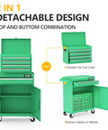 Heavy Duty Rolling Tool Chest With Lockable Swivel Wheels And Easy Pop Off Detachable Top Featuring Five Knockout Drawers Plus Adjustable Shelf, shown in two forms.
