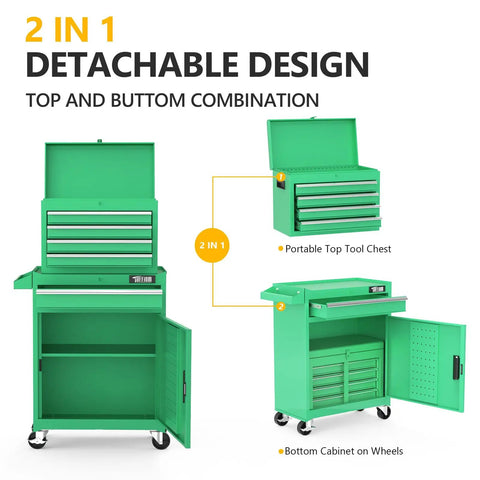 Heavy Duty Rolling Tool Chest With Lockable Swivel Wheels And Easy Pop Off Detachable Top Featuring Five Knockout Drawers Plus Adjustable Shelf, shown in two forms.