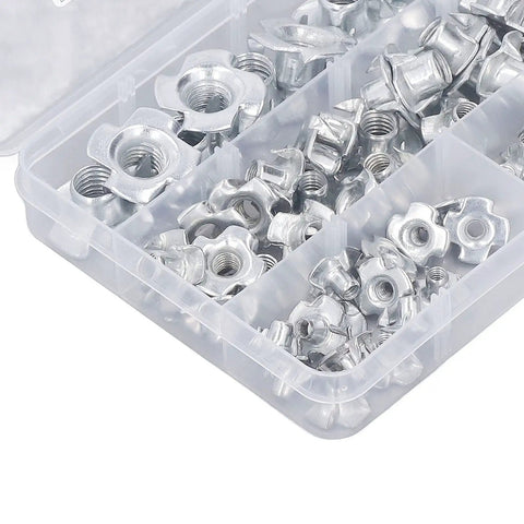 80 Piece T Nut Hardware Set for Wood and Metal, 4 Pronged Tee Nuts, Carbon Steel With White Zinc Plating in storage box