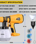 Top Shelf Cordless Spray Paint Gun With Four Swappable Tips For Rapid Fence And Chair Refreshes Breezy Hvlp Sprayer specs showing dimensions and output.