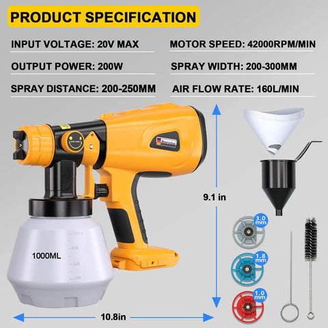 Top Shelf Cordless Spray Paint Gun With Four Swappable Tips For Rapid Fence And Chair Refreshes Breezy Hvlp Sprayer specs showing dimensions and output.