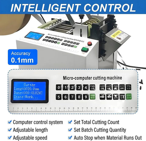 Upgraded Electric Heat Shrink Tube Cutter With Micro Computer Control For Automatic Fiberglass Tape Cutting, features LCD display and control panel.