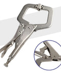 Solid 9 Inch Locking C Clamp Steel Welding Pliers Grip Wood Tenon Locator With Wide Jaws, stainless steel construction close-up view.