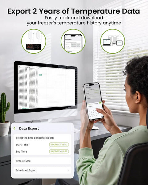 WiFi Freezer Thermometer Alarm With Digital Monitor Hub, App And Email Alerts, 2 Year Data Export, No Subscription Fee, 2 Remote Temperature Sensors For Home Refrigerator And Freezer showing data export screen