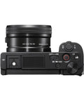 Top view of ZV-E10 Mirrorless Camera Kit With 16-50mm Lens, showing controls and lens, part of the Deluxe Bundle