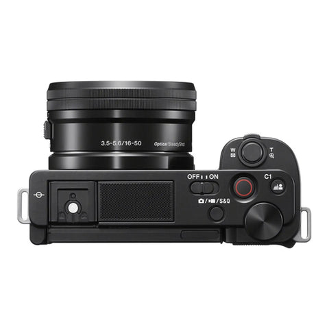 Top view of ZV-E10 Mirrorless Camera Kit With 16-50mm Lens, showing controls and lens, part of the Deluxe Bundle