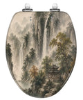 Elongated Misty Mountain Waterfall Landscape Chinoiserie Toilet Seat with detailed mountain scenery and soft-close hinge.